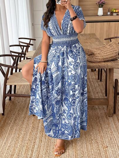 Weeklong Rochie de vacanță casual cu imprimeu A-line pentru femei, mărime plus, primăvară/vară, fără mâneci, cu talie înaltă, culoare solidă, imprimată