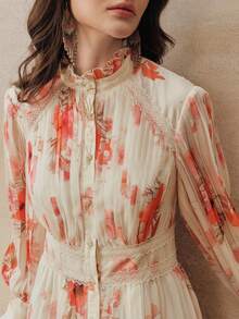 Anewsta New Arrival Spring Vacation Floral Print Pleated Elegant Dress - Coral Pink - View 1