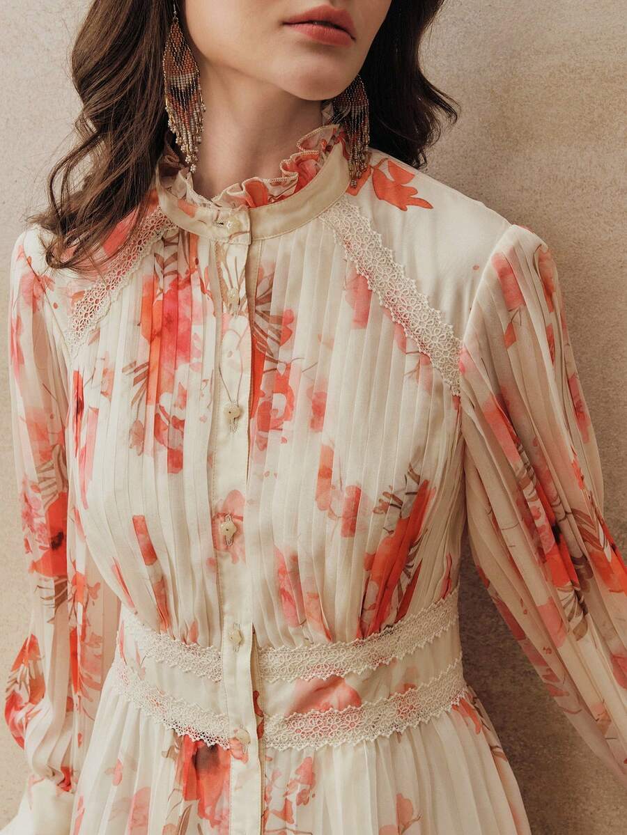 Anewsta New Arrival Spring Vacation Floral Print Pleated Elegant Dress - Coral Pink - View 1