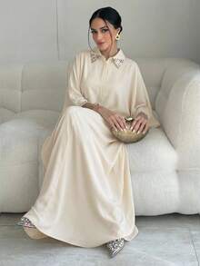 Yasmyna Vestido maxi con decoración de strass estilo turco y abaya tradicional árabe para mujer - Albaricoque - Ver 6