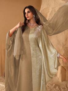 Al Najma 中东风格优雅蝙蝠袖拼接提花迪拜土耳其长袍，修身显瘦 - 卡其色 - 查看 1