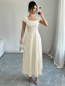 Modelyn 女款方領短袖百褶復古法式白色洋裝，米白色夏季優雅婚禮賓客純色女士優雅洋裝 - 杏色 - 查看 6