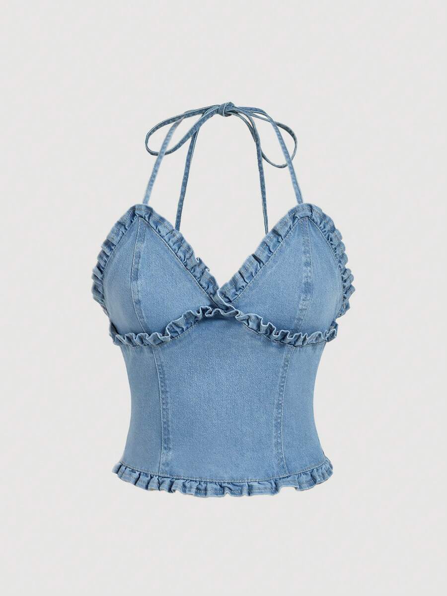 SHEIN MOD Music Festival Easter Tops Cute Summer Tops Summer Shirts Country Concert Tops Women's Stretchy Halter Neck Denim Top - Light Wash - View 1