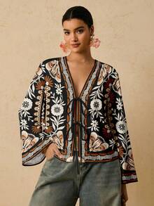 Travachic Áo sơ mi cỡ lớn in hình cây cỏ, thắt nơ phía trước. - Nhiều màu - Xem 5