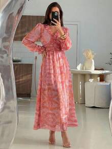 Mulvari 女士飘逸印花荷叶边连衣裙长款女装晚礼服 - 粉色 - 查看 1