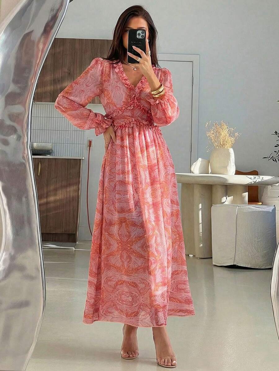 Mulvari 女士飘逸印花荷叶边连衣裙长款女装晚礼服 - 粉色 - 查看 1