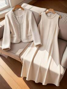 GlowEve CURVE 大码女装两件套：优雅黑色撞色珍珠串珠饰边V领长袖开衫外套和圆领珍珠装饰长裙，适合秋冬季休闲、工作和派对场合。 - 卡其色 - 查看 1