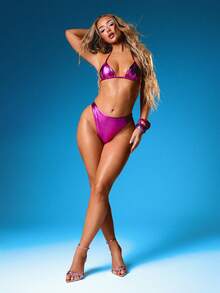 MISSGUIDED 金属光泽三角比基尼泳裤，侧边系带，高腰设计，性感遮盖，夏季泳装 - 玫紅色 - 查看 3