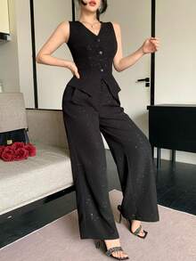 DAZY 春夏亮片黑色背心开衫搭配直筒休闲裤套装，优雅迷人，适合情人节、婚礼、派对、正式场合，时尚修身，适合办公室穿着，女士两件套。 - 黑色 - 查看 10