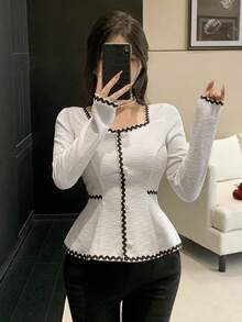 DAZY Abito da donna per primavera/estate, nero con blocchi di colore a contrasto, collo quadrato, adatto per feste, matrimoni, banchetti, balli; Camicetta bianca elegante e alla moda con maniche a volant, adatta per l'ufficio; Giacca regolare - Beige - Visualizzare 8