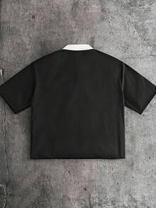 AXEPEAK 男士休闲时尚街头通勤字母印花撞色短袖Polo衫，夏季 - 黑與白 - 查看 2