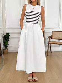 Easowa 无袖圆领连衣裙，收腰设计，条纹拼接，A字褶皱裙摆，休闲优雅的办公/度假连衣裙，适合女性穿着，春夏度假波西米亚风性感女装，女士休闲连衣裙，女士休闲装，夏季连衣裙，女士夏季穿搭 - 彩色 - 查看 5