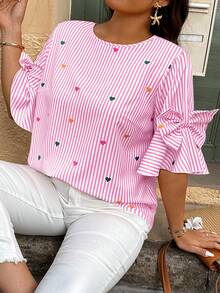Elegantrix Plus Size Heart & Striped Print Bow Decor Round Neck Blouse, Random Print - Multicolor - View 1
