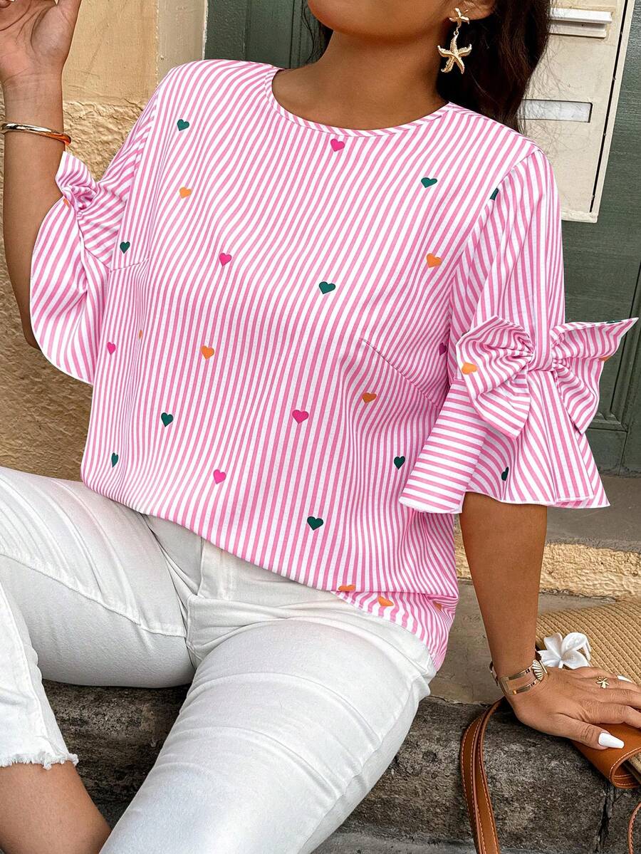 Elegantrix Plus Size Heart & Striped Print Bow Decor Round Neck Blouse, Random Print - Multicolor - View 1