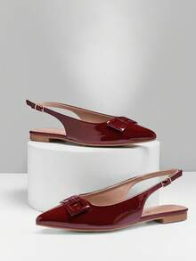SHUZIA 女士尖头方扣亮面漆皮酒红色露跟平底鞋 – 柔软舒适的鞋垫，精致光泽，轻松百搭的日常风格 - 酒紅色 - 查看 4