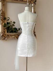 Lovelzi Elegant Luxurious White Mesh Strapless Bodice With Boning, Asymmetric Waistline, Draped Ruffle Skirt, Suitable For Dates, Vacations, Singles Parties, Weddings, Afternoon Tea, Bridal Shower Dress - White - View 5