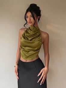 Aloruh Sexy Halter Backless Satin Women Camisole - Army Green - View 5