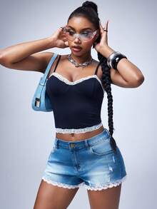 Y2Kool Women's Navy Blue And White Lace-Trimmed Cropped Tank Top Stylish And Versatile, Perfect For Dates And Parties Alike. - Navy Blue - View 1