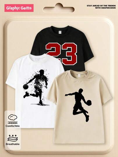 SHEIN Vacaura Set de 3 camisetas de manga corta con cuello redondo y estampado de silueta de baloncesto, de estilo casual para adolescentes, versátiles para primavera, otoño y verano