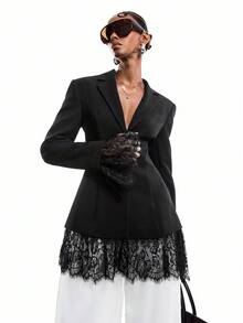 LYSMO 女士时尚蕾丝拼接单排扣翻领西装外套 - 黑色 - 查看 3