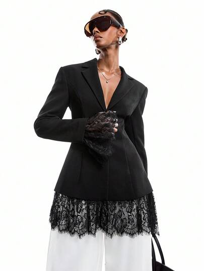 LYSMO 2026 New Arrive Minimalism Spring/Summer Women's Fashion Lace Patchwork Single-Breasted Lapel NeckBlazer/Spring Outfit Women / Spring Break Outfits / Valentines Day Outfit /Carnival Costume /Carnival Women / Carnival Women Look 2026/Black NeckBlazer/Boho/Vacation Outfits Women/2000s Style