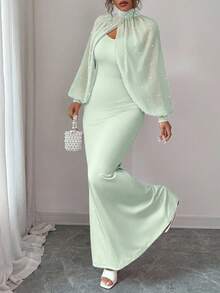 Elenzga Bộ váy dạ hội thanh lịch, sang trọng, quyến rũ dành cho nữ, gồm áo tay dài màu hồng nhạt đính cườm thủ công, và váy ôm sát dáng đuôi cá duyên dáng. - màu xanh lá - Xem 6