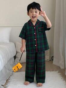 Dazy Kids 男童格子印花撞色滚边翻领短袖衬衫和裤子睡衣套装，春夏秋季 - 墨綠色 - 查看 4