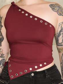 Arliah 新款酒红色铆钉镂空单肩上衣无袖裹身上衣Y2K颓废风金属上衣秋季女装 - 酒紅色 - 查看 4