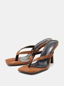 Classic Minimalist Stripe Thong High Heel Sandals For Women - Brown - View 2