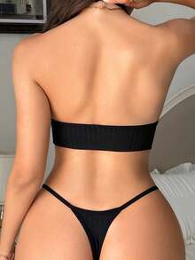 Set de 2 piezas de lencería romántica con cierre frontal de halter - Negro - Ver 2