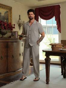 DAZY Conjunto de pijama casual de camisa de manga corta y pantalones para hombre, beige, para verano - Beis - Ver 6