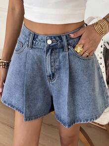DAZY Quần short denim dáng chữ A cạp cao thời trang retro, giúp thon gọn và kéo dài chân, phù hợp cho mùa xuân/hè. - Rửa tối - Xem 1