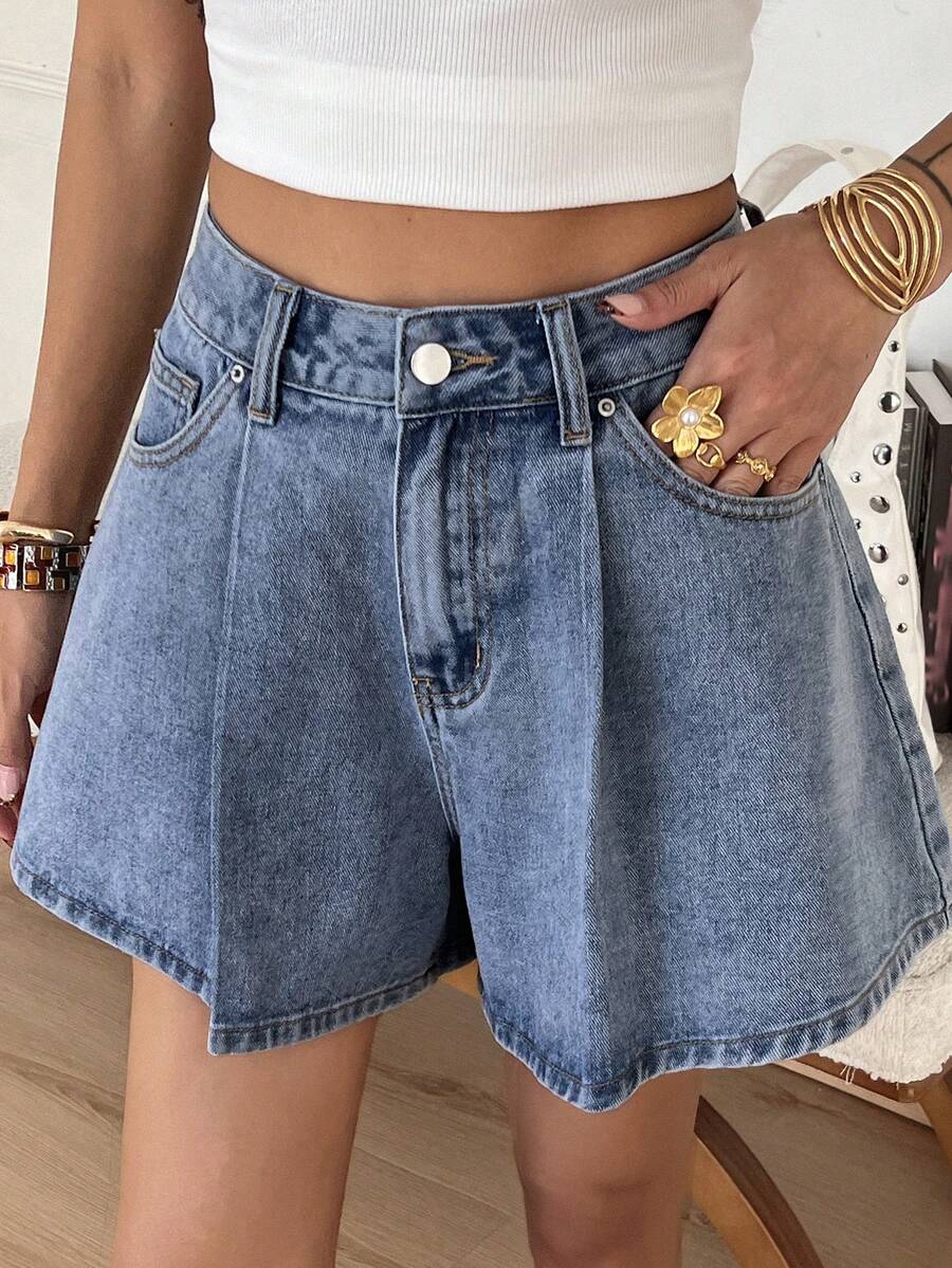 DAZY Quần short denim dáng chữ A cạp cao thời trang retro, giúp thon gọn và kéo dài chân, phù hợp cho mùa xuân/hè. - Rửa tối - Xem 1