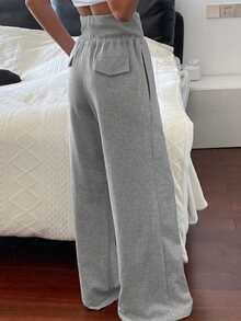 DAZY Women's Solid Color Loose Drawstring Elastic Waist Wide Leg Pants, Casual Sports Trousers For Spring & Autumn - Grey - View 2
