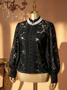 Rometta 大码女式优雅花卉蕾丝拼接立领长袖休闲百搭镂空衬衫 - 黑色 - 查看 2