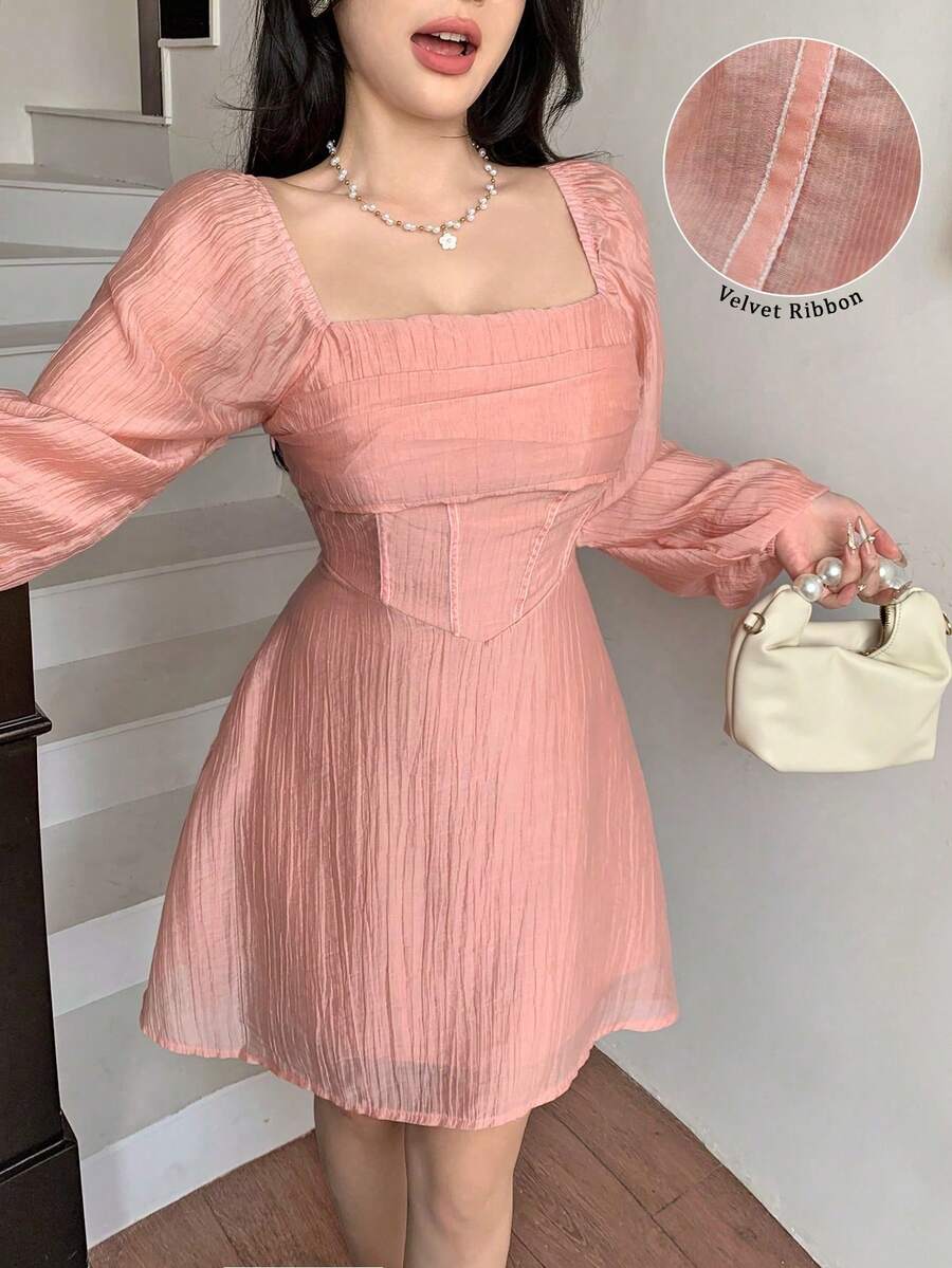 Modelyn 女士法式奢华高端莲藕粉色翻领褶皱荷叶边泡泡袖连衣裙，修身显瘦