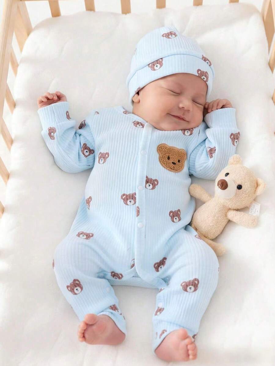 Newborn Beige Bear Pattern Long Sleeve Jumpsuit With Hat Set - Baby Blue - View 1
