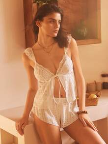 Lullawish Bộ đồ ngủ phong cách Bohemian Boho dệt kim jacquard ren chắp vá lãng mạn gồm áo hai dây và quần short dành cho nữ. - trắng - Xem 5