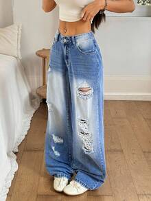 Rivivi 低腰时尚休闲做旧水洗直筒牛仔裤 - 中等水洗藍 - 查看 5