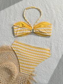 SHEIN 少女针织纹理吊带比基尼套装，夏季沙滩条纹挂脖比基尼套装，夏季假期 - 黃色 - 查看 6