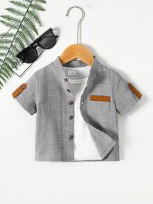 SHEIN Toddler Boys' Casual Contrast Trim Polo Collar Short Sleeve Shirt, Summer - Grey - View 3