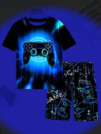 SHEIN Tween Boys Snug Fit Luminous Game Controller Graphic T-Shirt & Shorts Soft 2 Pieces Pajama Set, Night Vision Fluorescent Patterns Boy Tween Boys Sets Gamer Boys Jogger Sets Glow In The Dark Pajamas Boys Night Clothes Glowmode