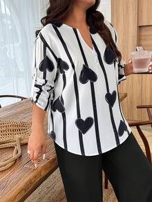 EMERY ROSE 2pcs/Set Plus Size Women Notched Collar Buttoned Sleeve Contrast Color Floral Print Suit, Random Print - Multicolor - View 3