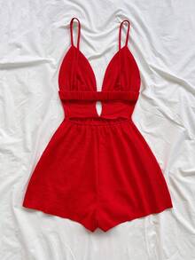 Soleia Women's Summer Vacation Solid Color Casual Jumpsuit - Red - View 2