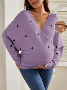SHEIN Maternity Contrast Color Heart Print V-Neck Long Sleeve Sweater - Purple - View 4