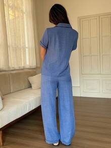 SHEIN Napfluff Women's Blue Pocket Cherry Embroidery Collar Short Sleeve Pajama Set - Navy Blue - View 2