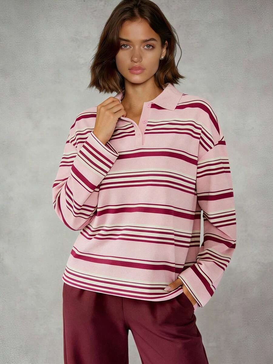 INAWLY Plus Size Women Drop Shoulder Long Sleeve Striped Casual Loose Polo Collar Top - Multicolor - View 1