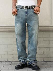 Manfinity EMRG Pantalones casuales de mezclilla suave lavada con diseño de arte salpicado asimétrico y desgastado vintage para hombres - Azul lavado medio - Ver 4
