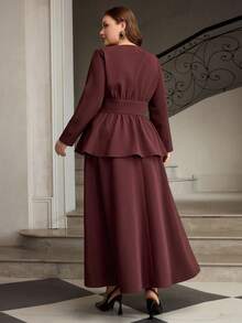 ZEYLAH 优雅 X 形 V 领上衣和喇叭形中长裙两件套 - 酒紅色 - 查看 3