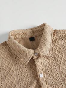 TOKVUE 男士几何提花单排扣休闲短袖衬衫 - 卡其色 - 查看 5